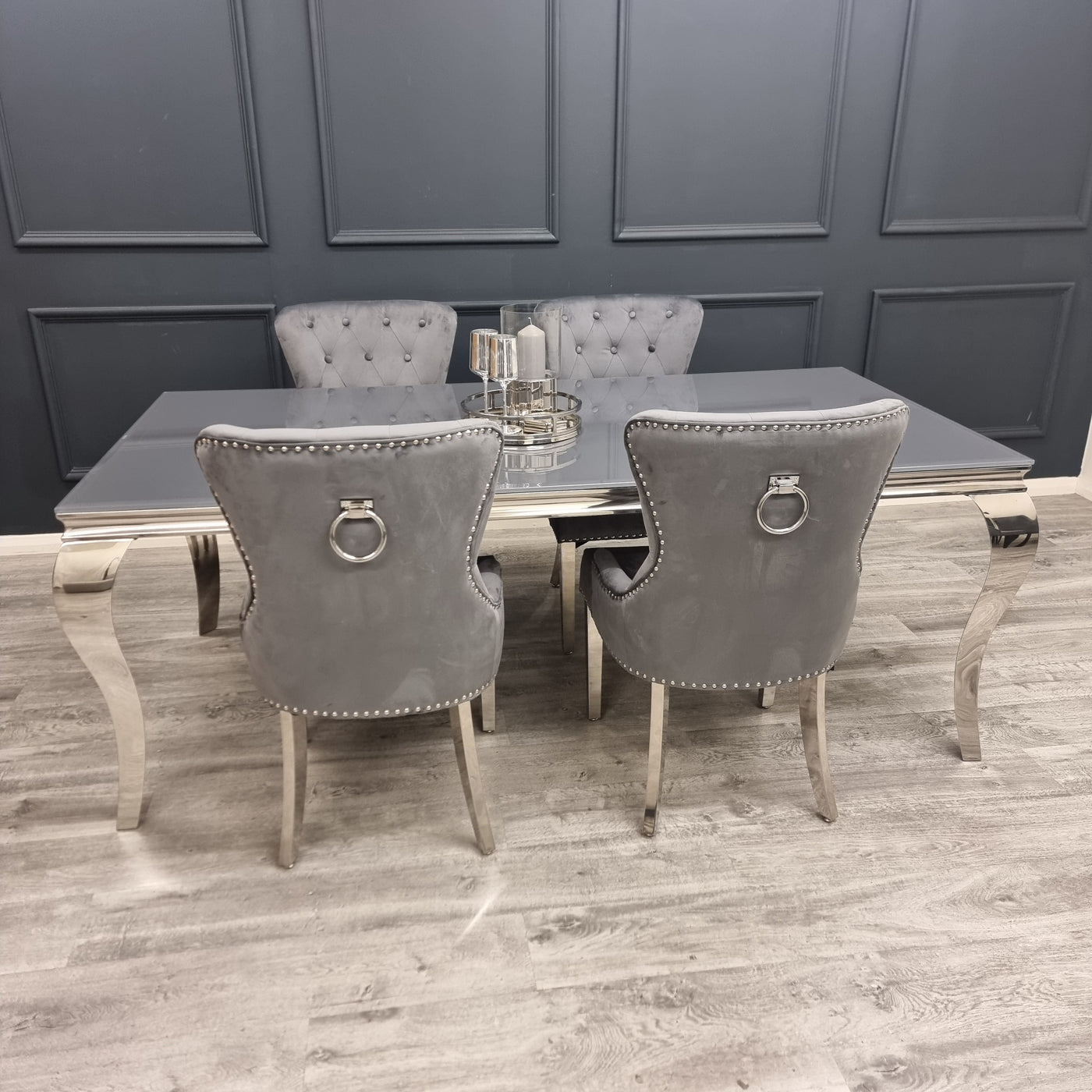 Louis 2m Table in Grey Glass with 4 Megan Promo Chairs Furnish 365 Limited