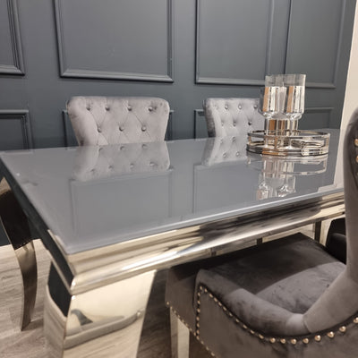 Louis 2m Table in Grey Glass with 4 Megan Promo Chairs Furnish 365 Limited