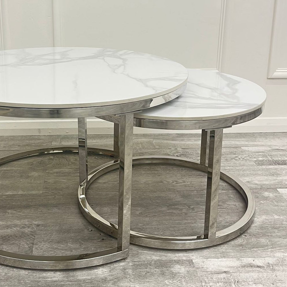 Cato Nest of 2 Short Round Coffee Silver Tables with Polar White Sintered Stone Tops Furnish 365 Limited