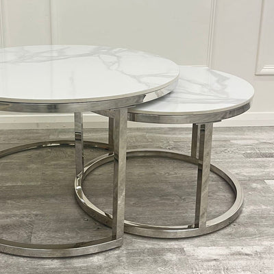 Cato Nest of 2 Short Round Coffee Silver Tables with Polar White Sintered Stone Tops Furnish 365 Limited