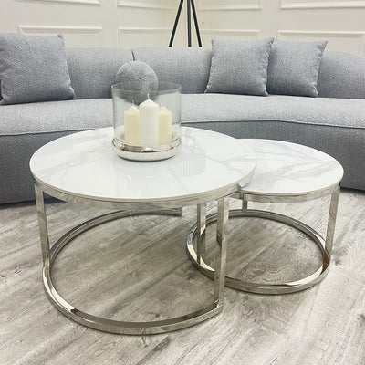 Cato Nest of 2 Short Round Coffee Silver Tables with Polar White Sintered Stone Tops Furnish 365 Limited