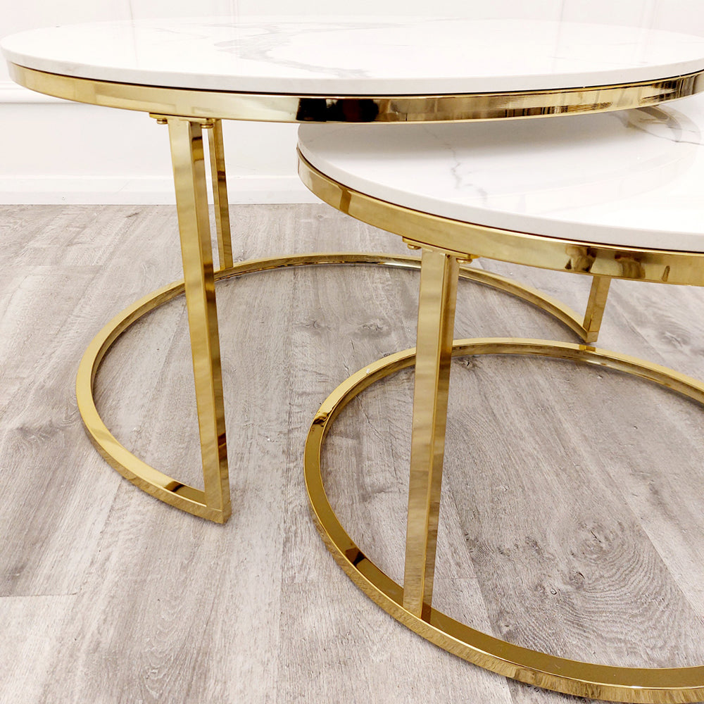 Cato Nest of 2 Short Round Coffee Gold Tables with Polar White Sintered Stone Tops Furnish 365 Limited