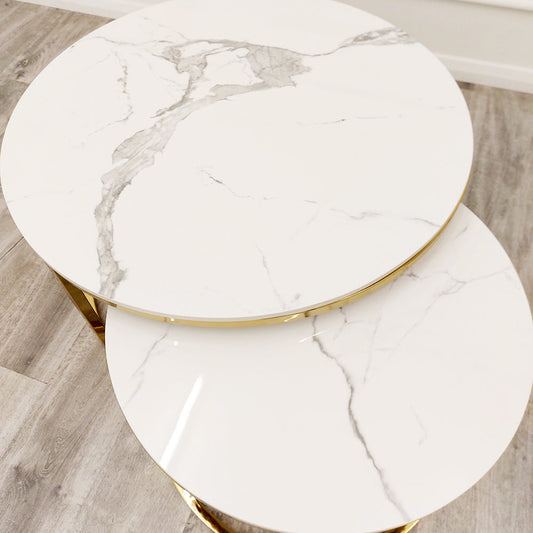 Cato Nest of 2 Short Round Coffee Gold Tables with Polar White Sintered Stone Tops Furnish 365 Limited