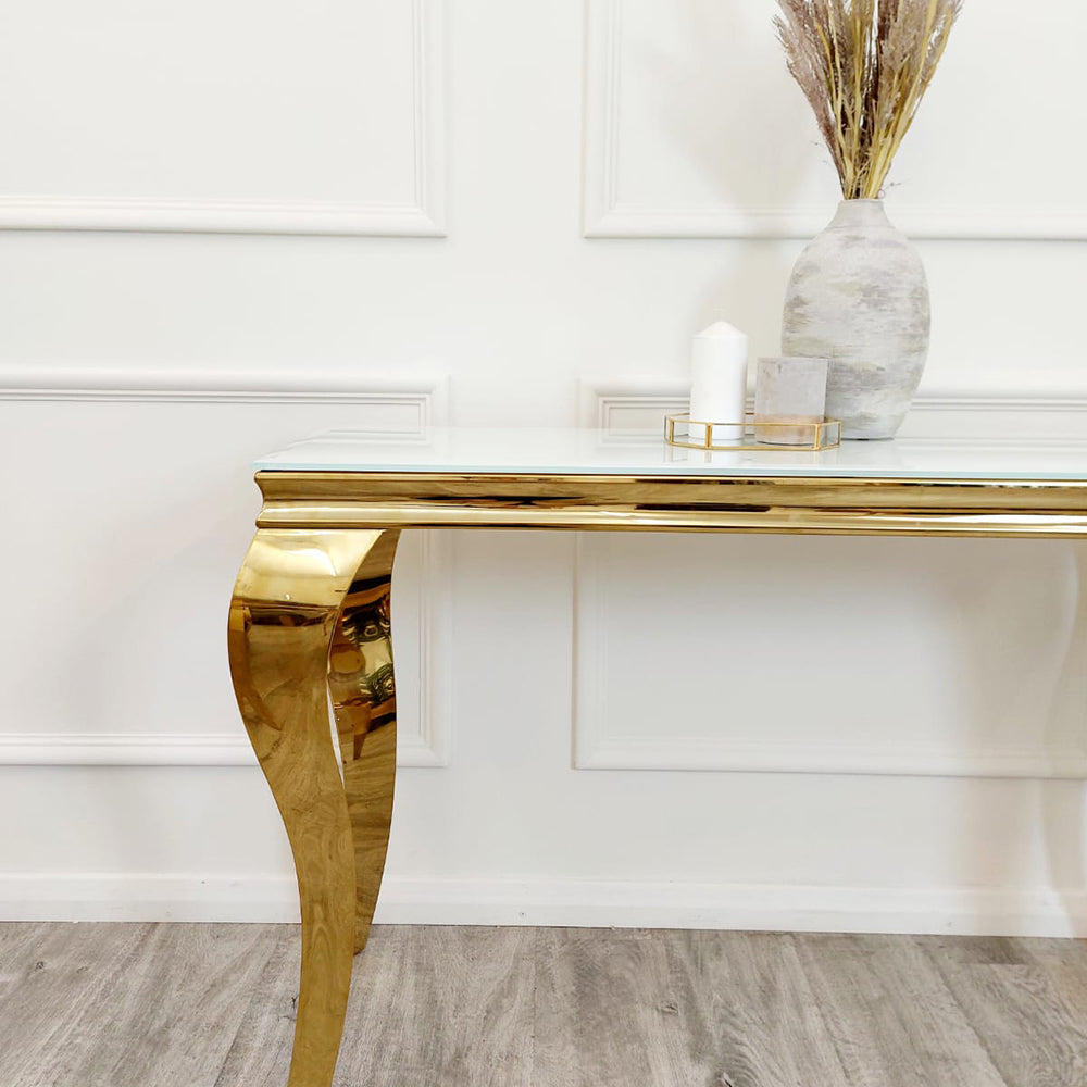 Louis Gold Console Table in White Glass Top Furnish 365 Limited