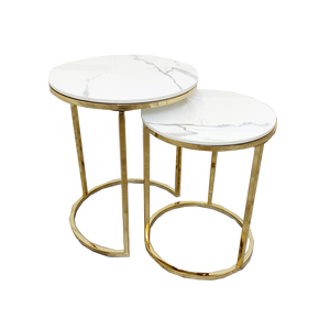 Cato Nest of 2 Tall Gold End Tables with Polar White Sintered Stone Tops Furnish 365 Limited