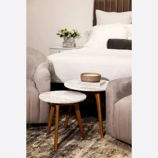 HARLOW ROUND NEST OF TABLES OAK-WHITE MARBLE TOP RANGE - Grab Some Furniture