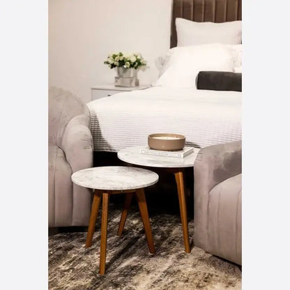 HARLOW ROUND NEST OF TABLES OAK-WHITE MARBLE TOP RANGE - Grab Some Furniture
