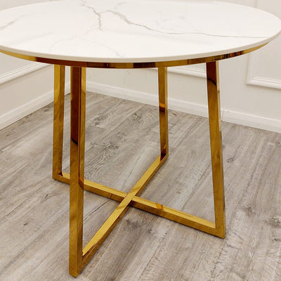 Juno Gold 90cm Round Dining Table with Polar White Sintered Stone Top Furnish 365 Limited