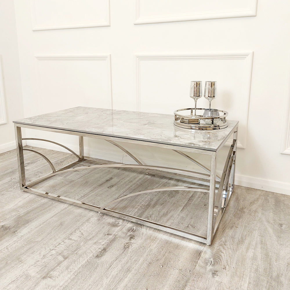 Stella Chrome Coffee Table with Stomach Ash Grey Sintered Top Furnish 365 Limited