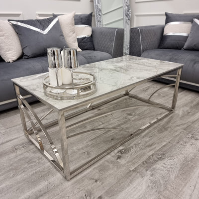 Stella Chrome Coffee Table with Stomach Ash Grey Sintered Top Furnish 365 Limited