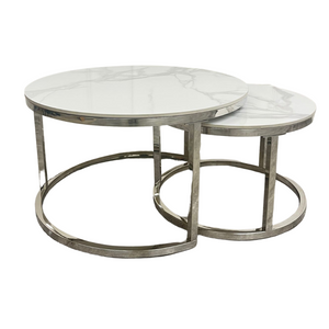 Cato Nest of 2 Short Round Coffee Silver Tables with Polar White Sintered Stone Tops Furnish 365 Limited