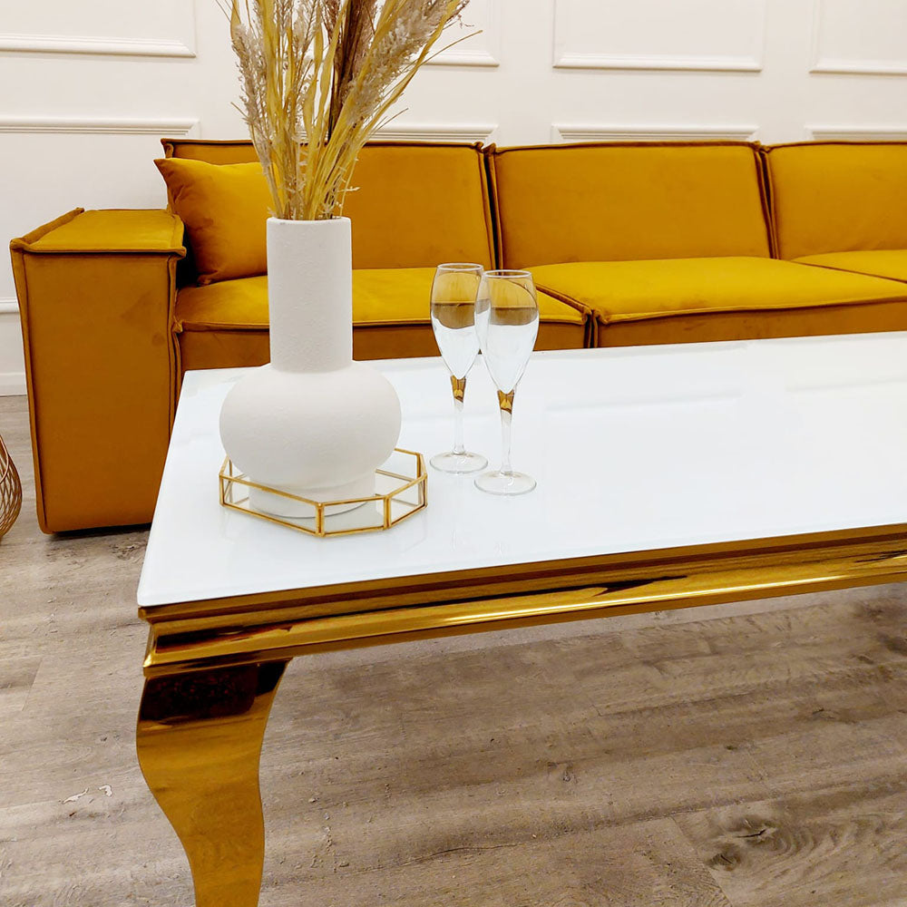 Louis Gold Coffee Table with White Glass Top Furnish 365 Limited