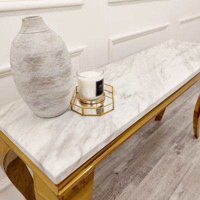 Louis Gold Console Table with Ivory Smoke Marble Top Furnish 365 Limited